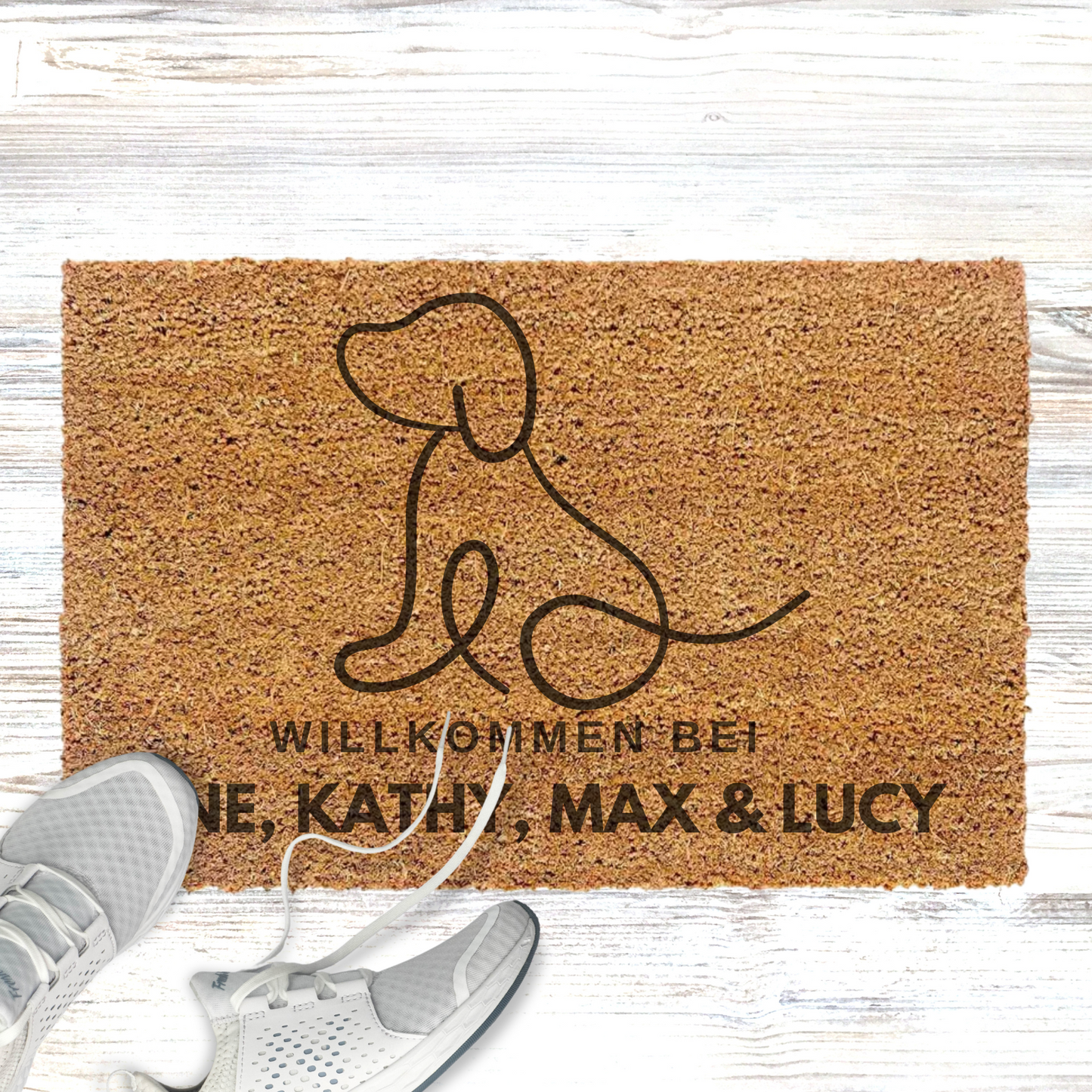Personalisierte Kokos Fußmatte -Willkommen bei "Hundename" Line-Art