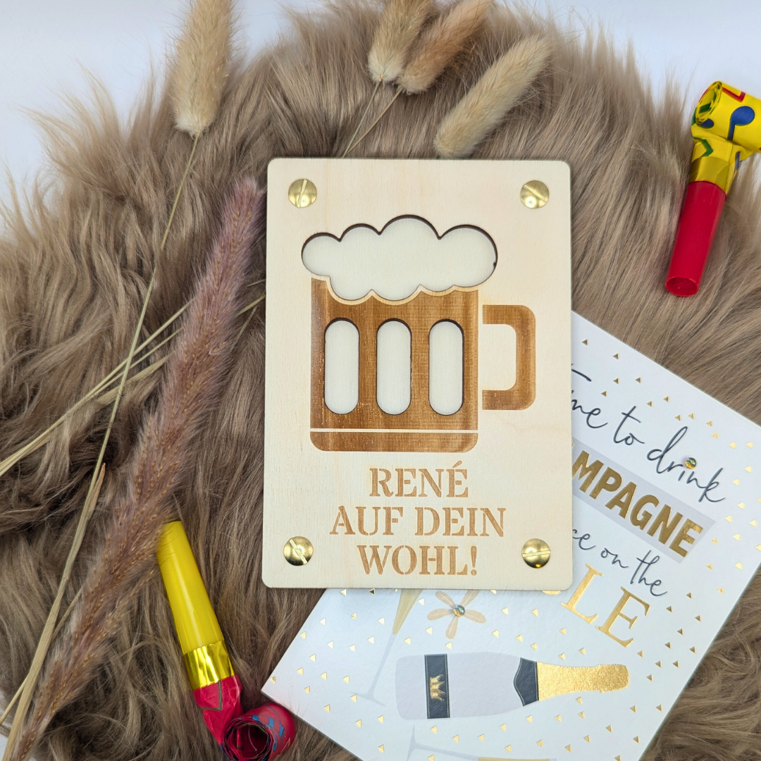 Personalisierte Geschenkkarte aus Holz mit Bier-Motiv – Gutschein oder Geldgeschenk für Männer – Geburtstag, Vatertag, Feier