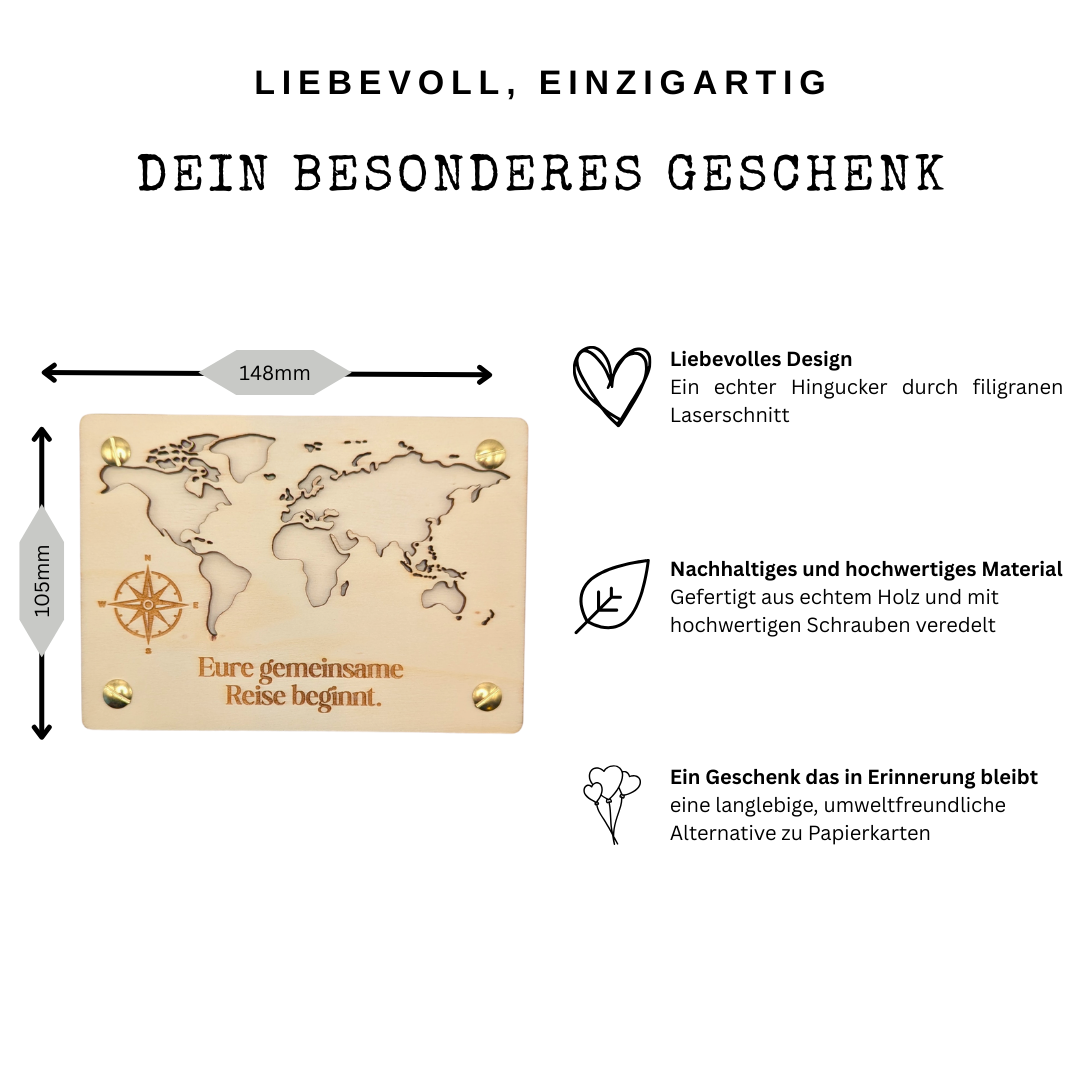 Holzkarte mit Weltkarte – „Eure gemeinsame Reise beginnt“ – Hochzeitskarte, Geldgeschenk oder Gutschein für Paare & Reisende