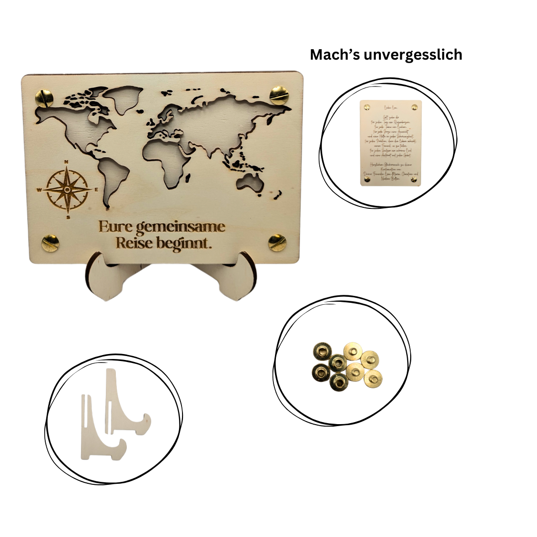 Holzkarte mit Weltkarte – „Eure gemeinsame Reise beginnt“ – Hochzeitskarte, Geldgeschenk oder Gutschein für Paare & Reisende