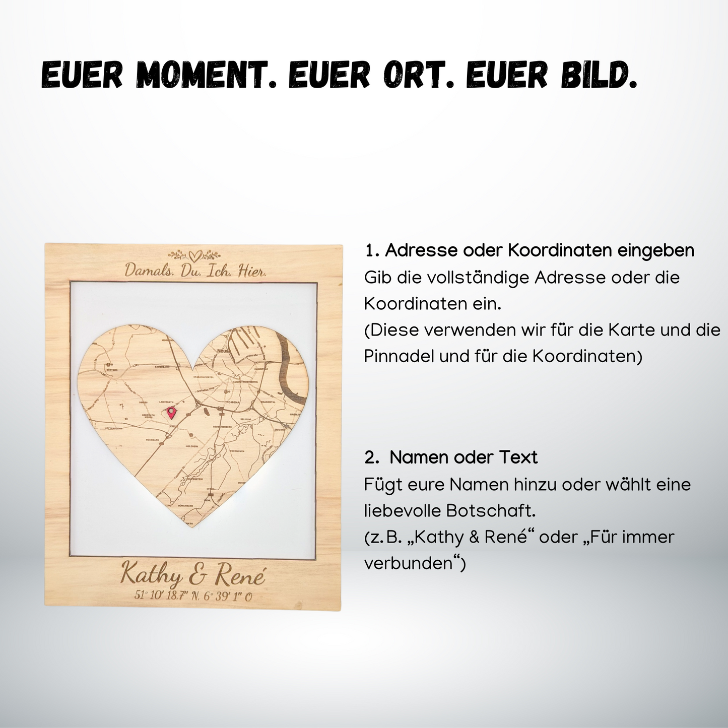 Damals. Du. Ich. Hier. – Erinnerung als Holzbild mit Karte