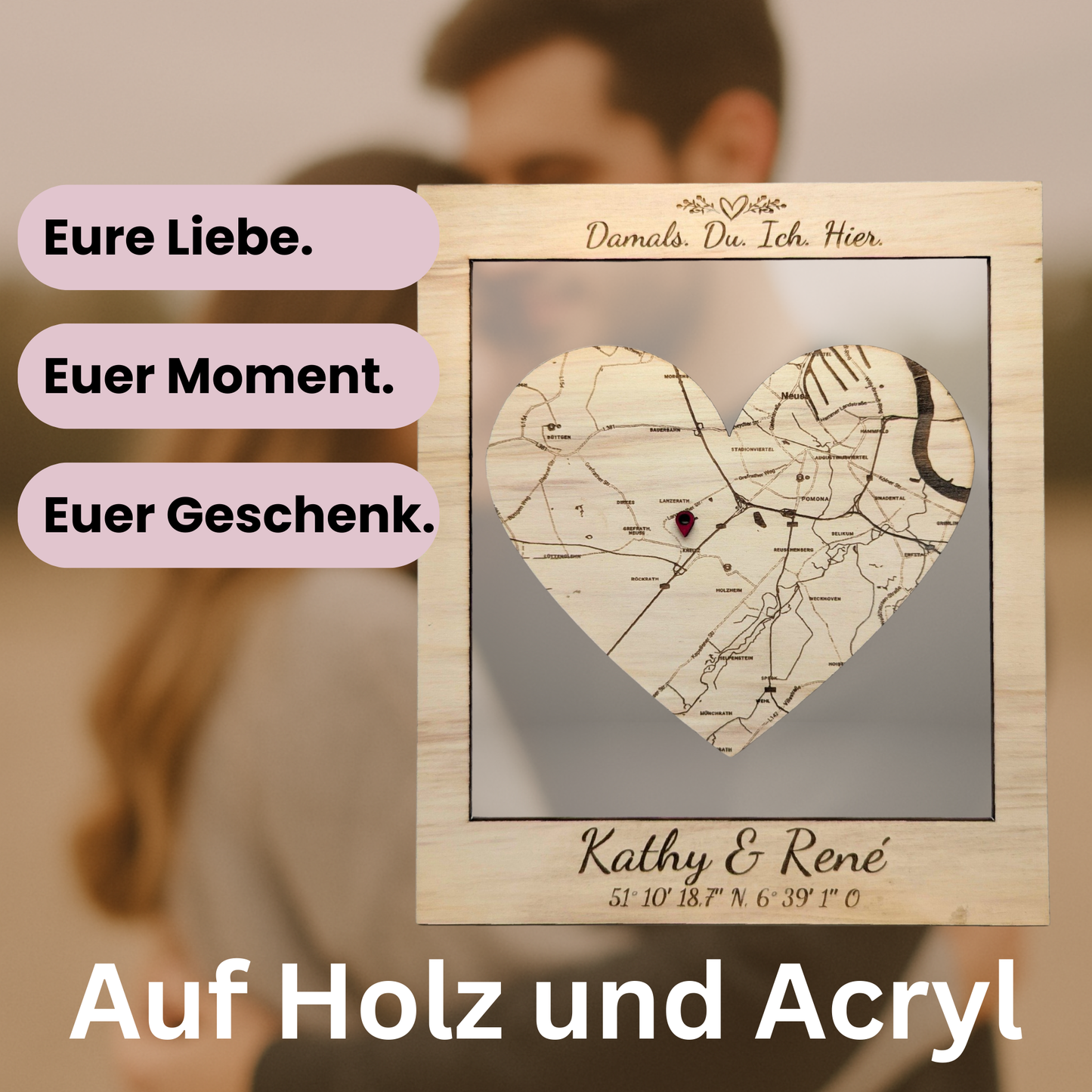 Damals. Du. Ich. Hier. – Erinnerung als Holzbild mit Karte