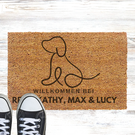 Personalisierte Kokos Fußmatte -Willkommen bei "Hundename" Line-Art